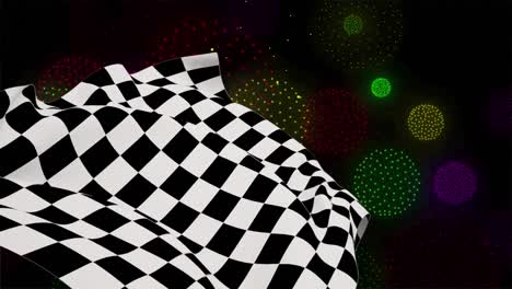 animation of checkered flag over shapes and fireworks on black backrgound