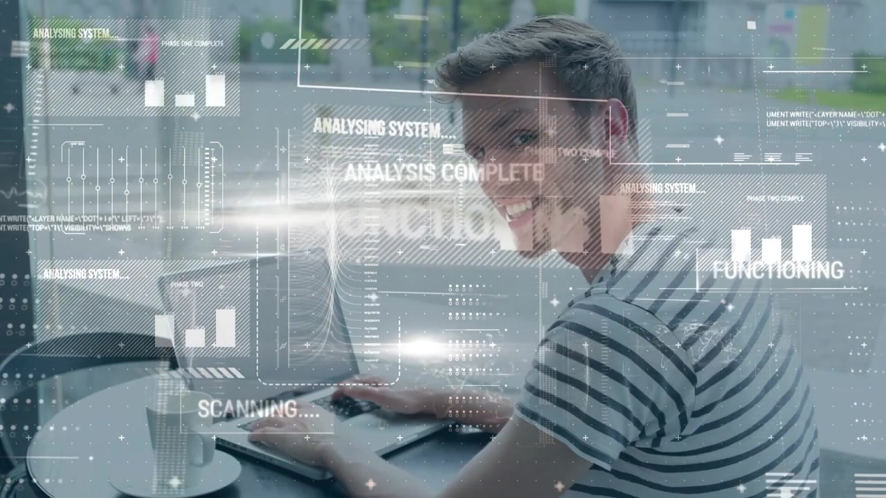 Animasjon av databehandling over en kaukasisk mannlig student med bærbar PC