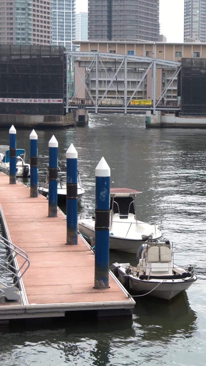 Statisk billede af små både fortøjet ved en moderne kanalmarina i Tokyo, Japan.