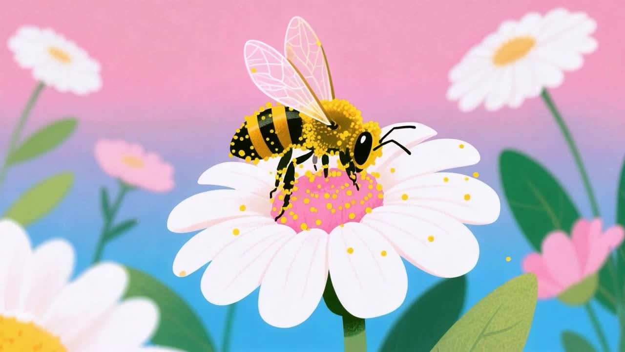 Bee collecting nectar on a flower with floating pollen