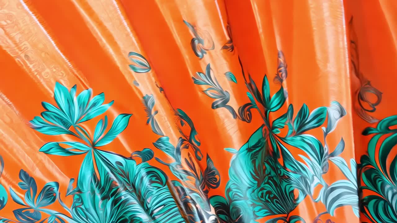 Intricate close up revealing orange folding fan with turquoise dragon and floral pattern, showcasing delicate craftsmanship and vibrant color contrast of traditional Asian design