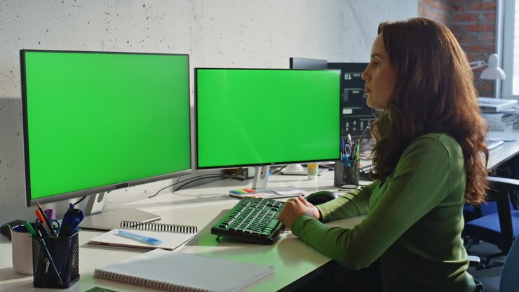Professionelle Frau telefoniert mit Mockup-Computer im Büro, Nahaufnahme. Geschäftsfrau unterhält sich