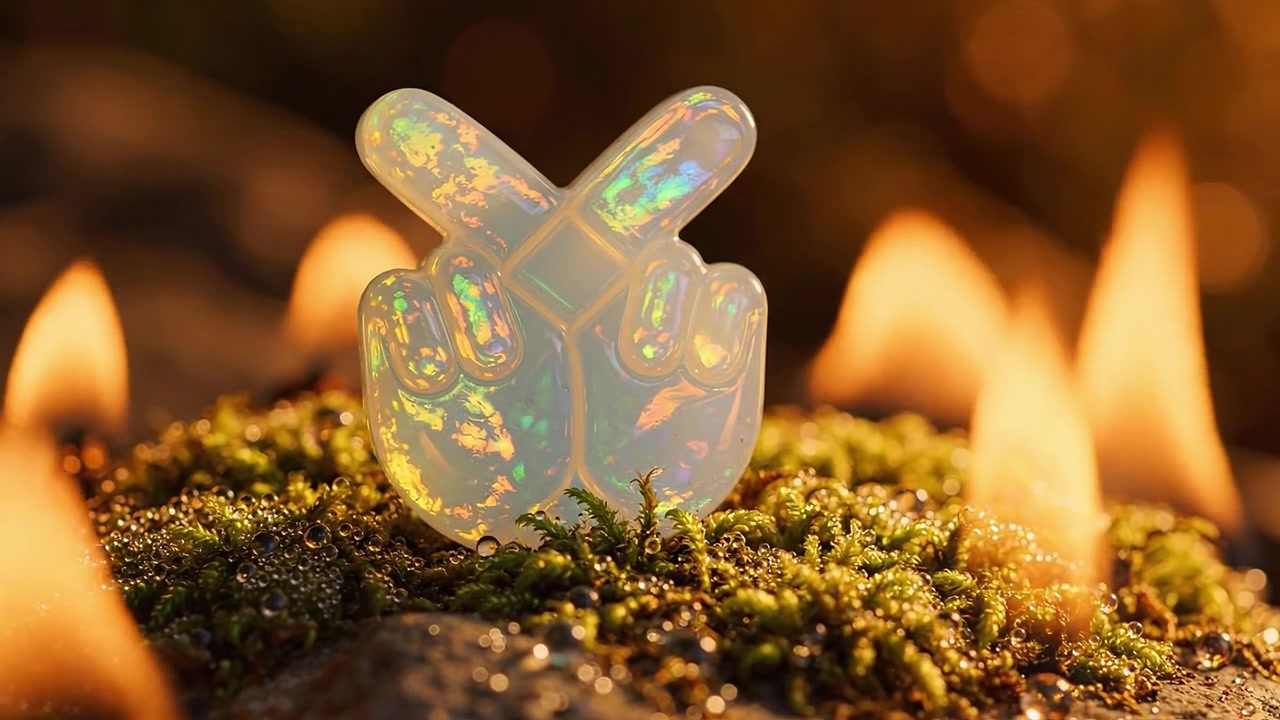 En fascinerende fremvisning av holografisk kunst med en unik håndgestskulptur opplyst av flimrende flammer og omgitt av frodig mose.