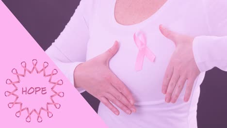 animation of breast cancer awareness text over caucasian woman