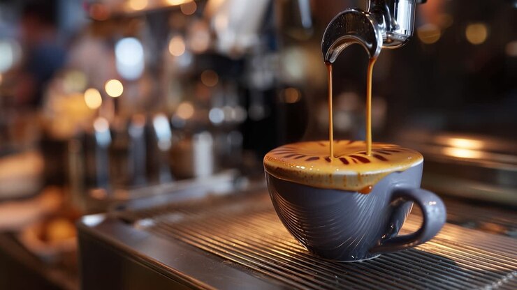 Steam rises from freshly brewed coffee. Rich liquid pours into a textured ceramic cup. Warm light glows softly on the espresso machine. Barista's hands guide the pour with quiet care