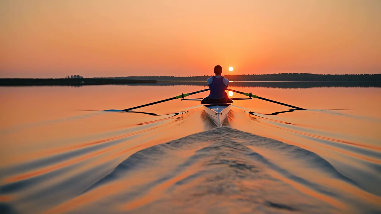 Single rowing athlete in narrow white shell moves steadily over glasslike water, oars extended in balanced rhythm as warm sun nears horizon, creating serene reflections and soft ripples