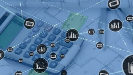 financial data network animation over calculator and architectural blueprints