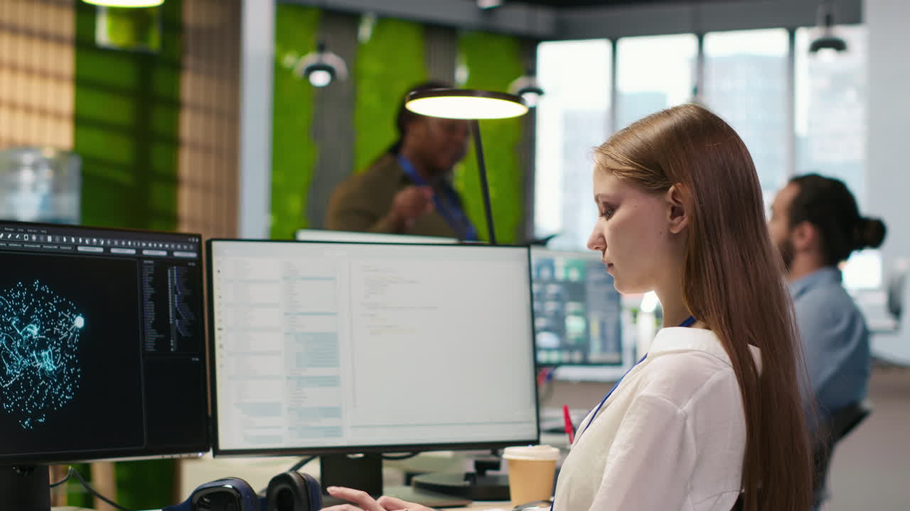 Female Technician Testing Generative Ai Machine Learning Algorithms At Work