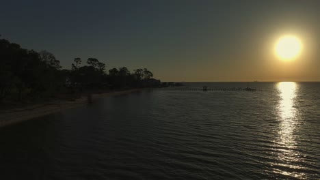 Aerial-view-sunset-over-Mobile-Bay,-Alabama