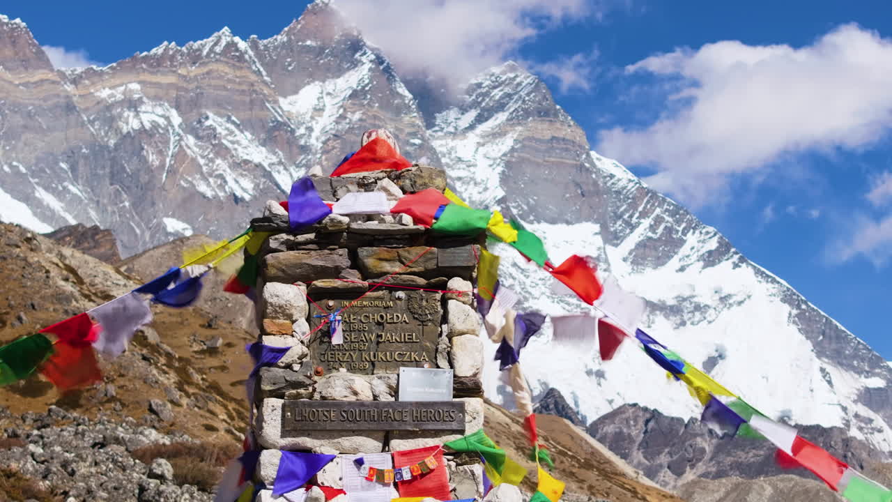 Et billede fra Dhugla (Thukla) Pass på Nepals Everest-trekkingrute, hvor stenmindesmærker står frem mod et vindblæst Himalaya-landskab. Mindested knyttet til Everest og Lhotse.