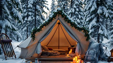 cozy glamping tent in a snowy winter forest with christmas decorations