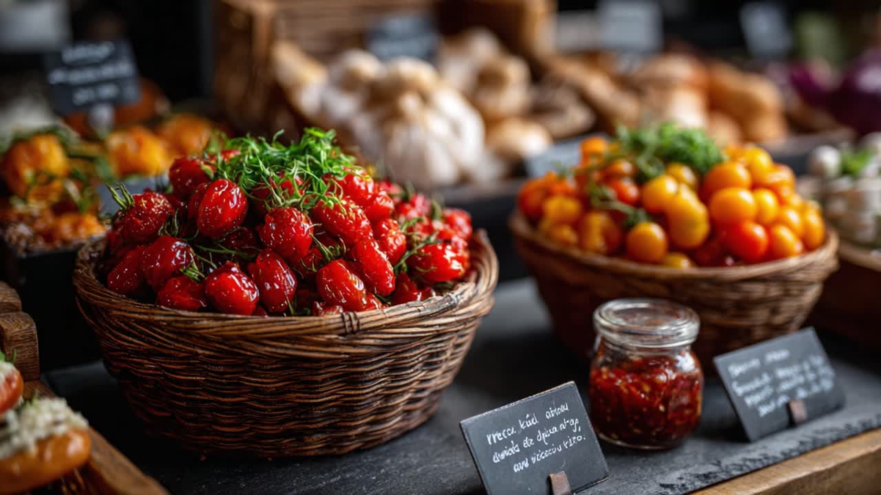 A Display of Fresh and Colorful Produce: Glorious Baskets of Ripe Red Strawberries and Yellow Tomatoes in a Rustic Market Setting
