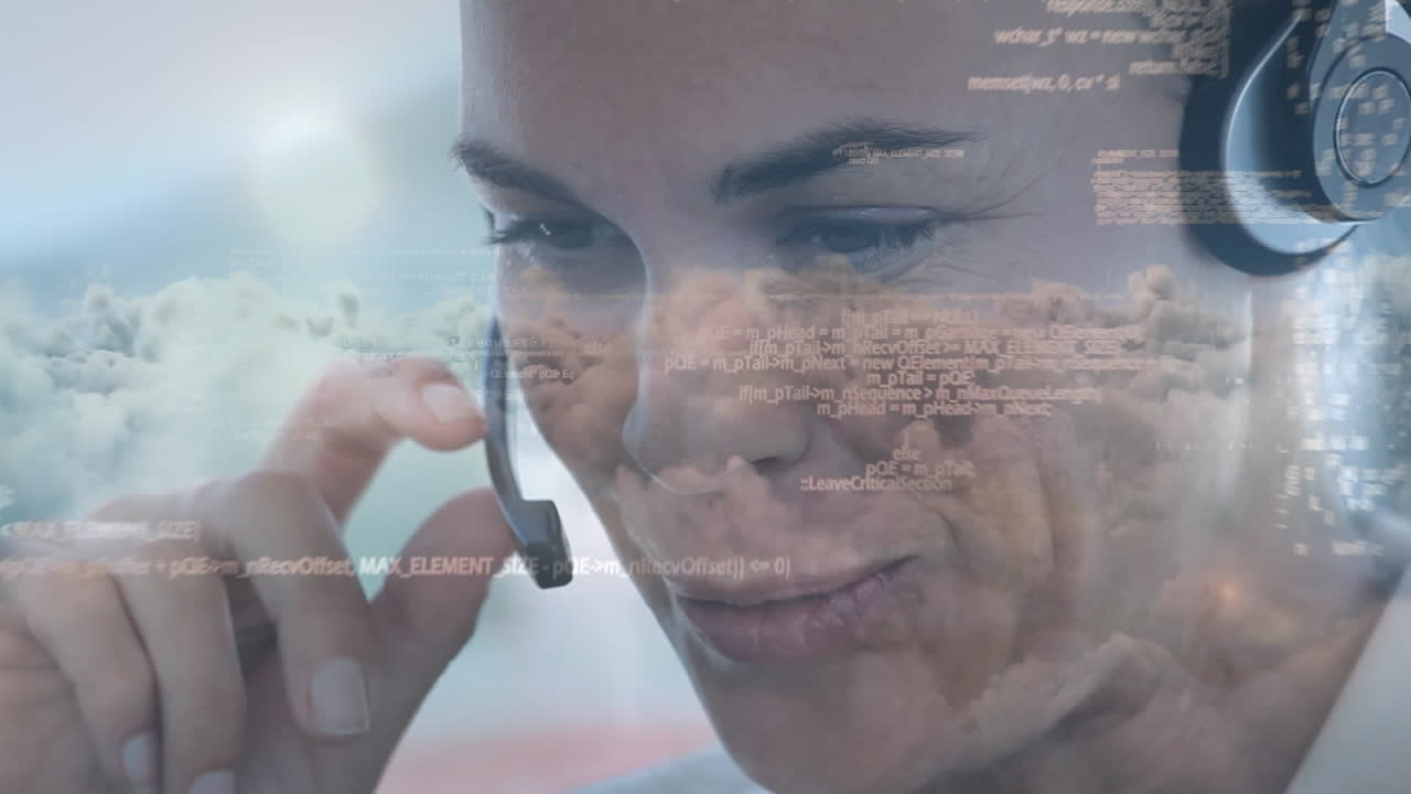 Animation of data processing over businesswoman using phone headset