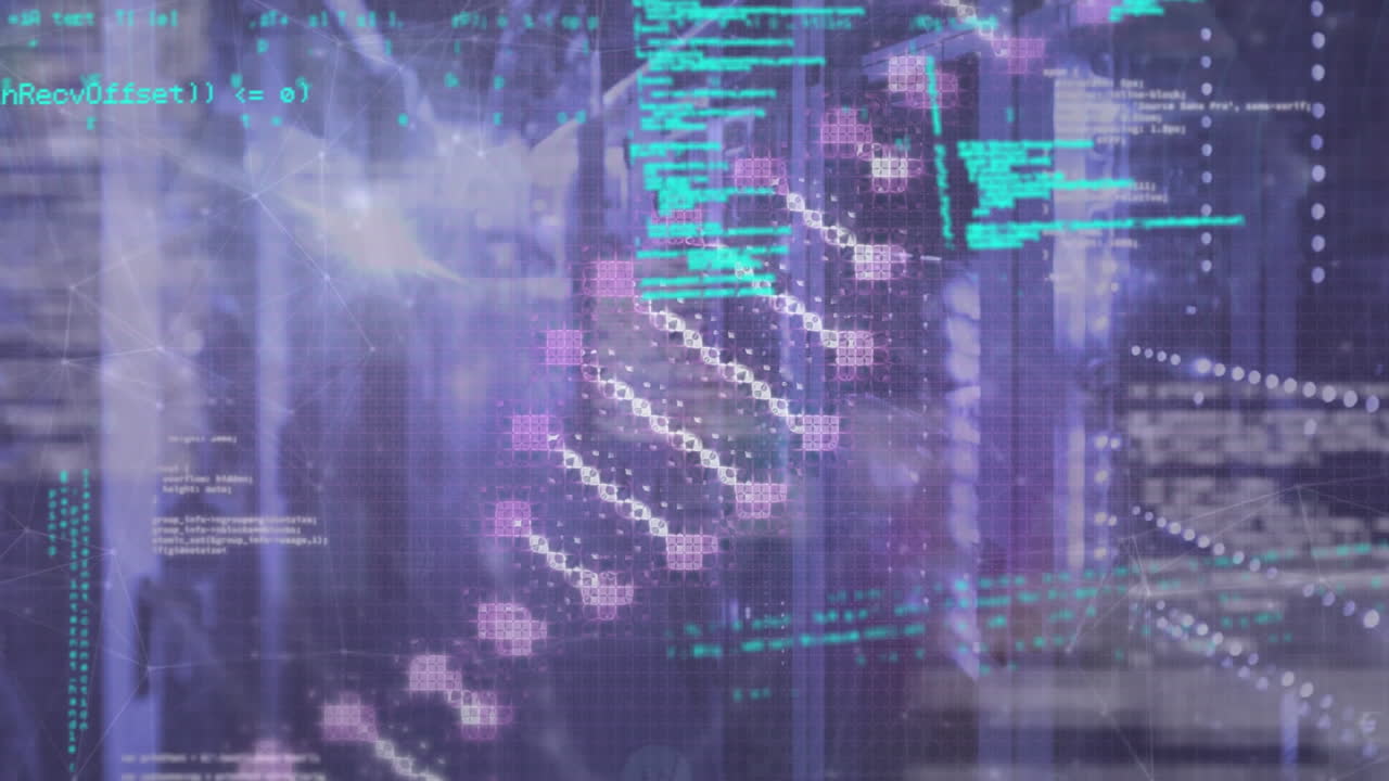 Animation of dna helix and programming language against server room in background