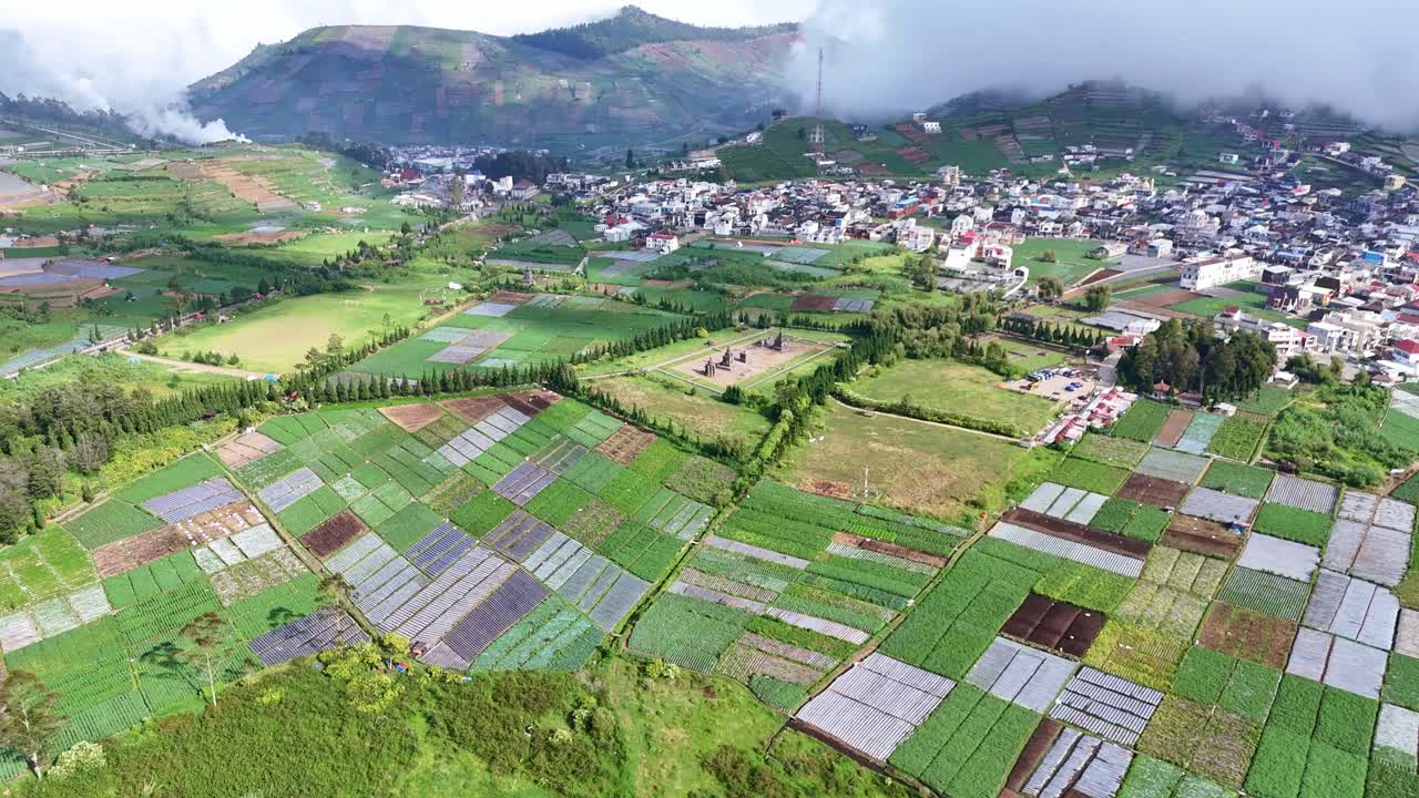 Drone footage of a fertile valley with rice fields with Ancient Temple of Arjuna, vegetable farms, and a rural settlement at the base of mist-covered hills. Serene natural landscape on a sunny day