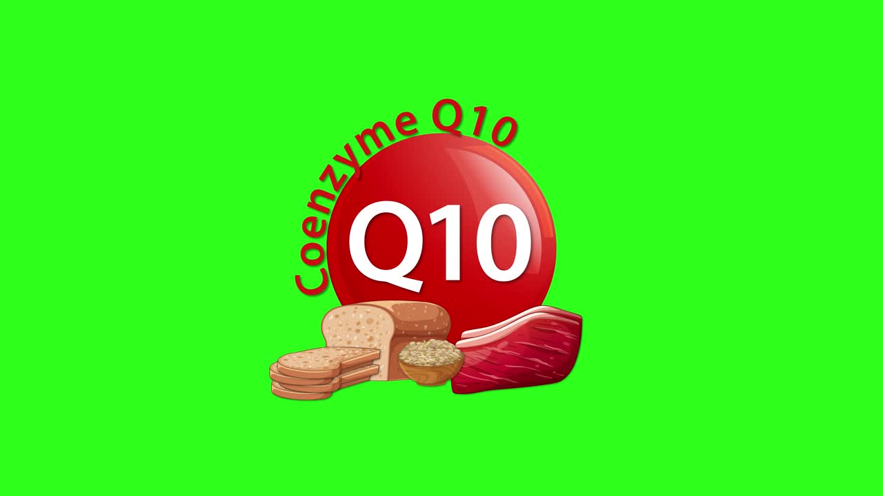 A red Coenzyme Q10 icon animates in with assorted food items including fish, meat, and grains, set against a vibrant green screen background