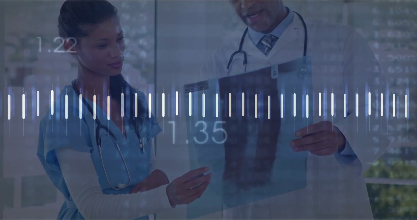 Nurse handing X-ray to doctor showing digital waveform and numbers highlighting fracture area