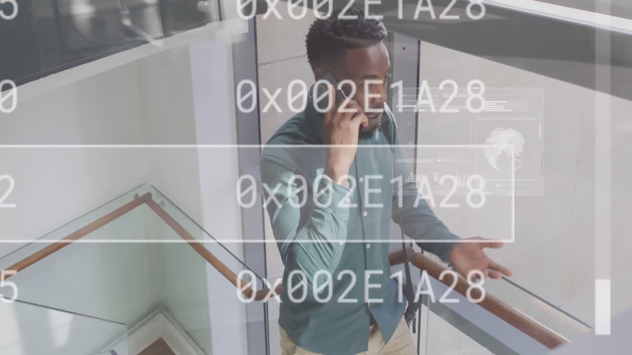 Animation of data processing over african american man using smartphone