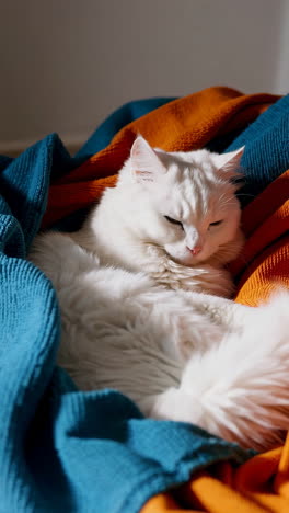 white cat sleeping on orange and teal blankets