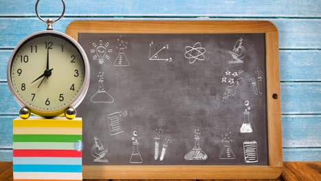 animation of white back to school text on blue circle moving over chalkboard and clock