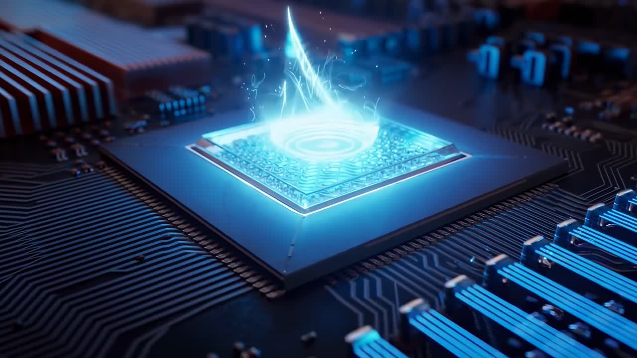Vinklet nærbillede af en glødende mikrochip på et printkort, ideelt til teknisk videoindhold.