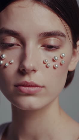 close-up beauty portrait of a woman with pearls adorning her face