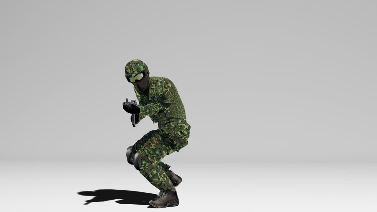 위장된 군인이 준비된 색 배경에서 무기를 들고 고 있다. - 알파 채널, 3d 애니메이션