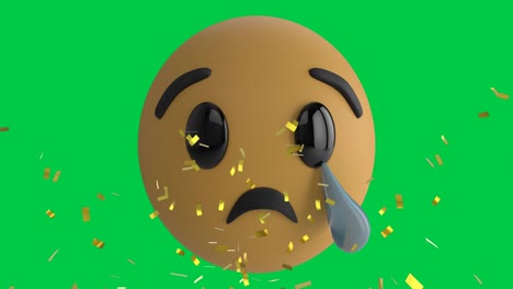 Animación-Triste-Icono-Emoji-Llorando-Sobre-Fondo-De-Pantalla-Verde-Con-Confeti