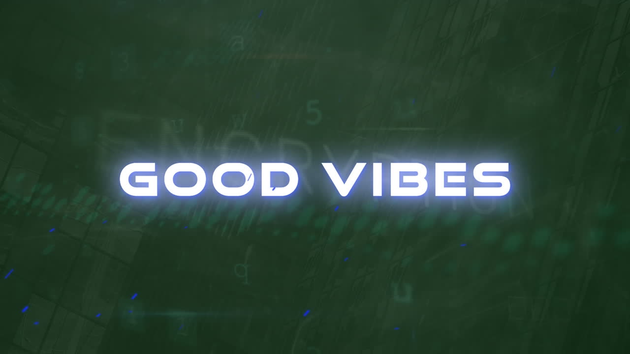 Animation of good vibes text and cyber attack warning over cityscape