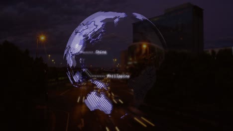 animation of globe and data processing over road traffic in city