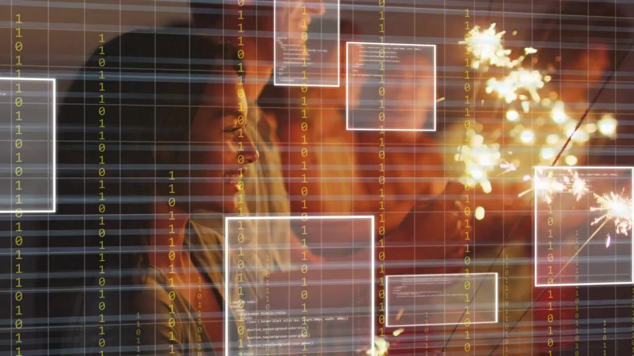 Gruppo di adulti che festeggiano al tramonto, che tengono stelle filanti e generano una griglia tecnologica con flussi numerici