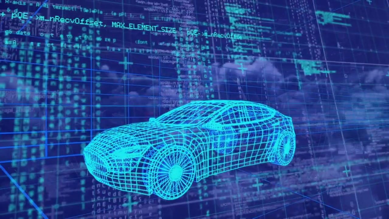 Animación de un modelo de coche 3D y procesamiento de datos sobre una cuadrícula.