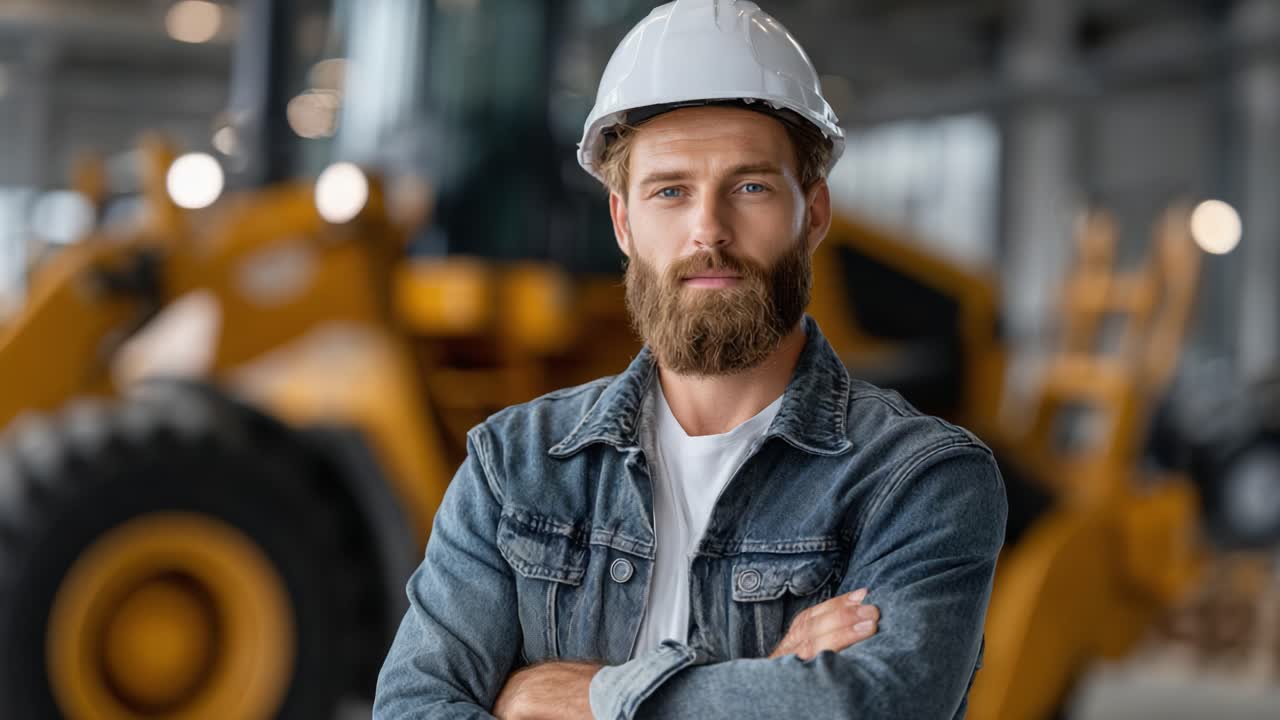 Confident Construction Worker in Hard Hat and Denim Jacket Standing with Arms Crossed Near Heavy Machinery in Industrial Workspace