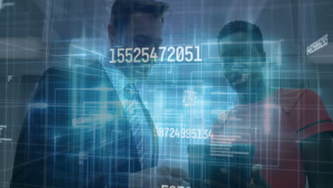 interacting with digital data overlay, business professionals analyzing numbers in office