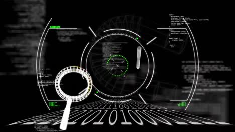 Animation of scope scanning over icons and data processing on black background