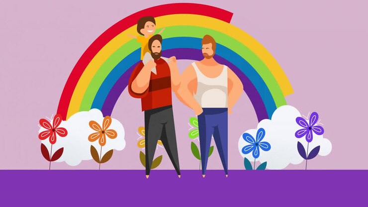 Animation of male gay couple with child over rainbow on purple background