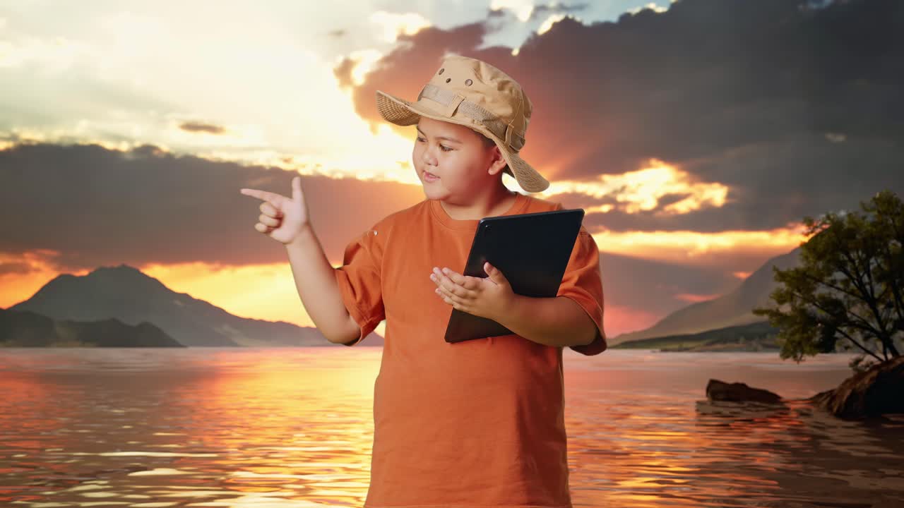 niño asiático con un sombrero usando una tableta luego sonriendo y señalando hacia un lado en un lago. niño investigador examina algo, concepto de aventura de turismo de viaje