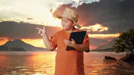 asian boy with a hat using a tablet then smiling and pointing to side at a lake. boy researcher examines something, travel tourism adventure concept