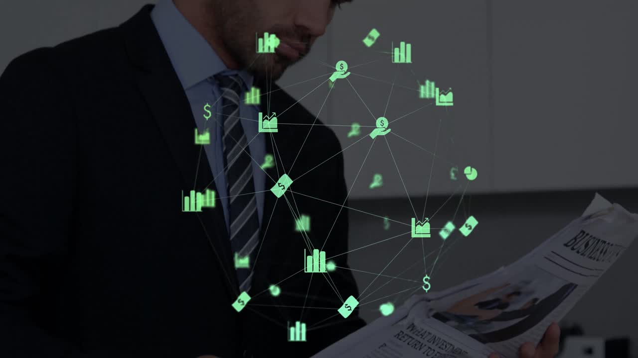 animación de la red de conexiones sobre hombres de negocios que leen periódicos