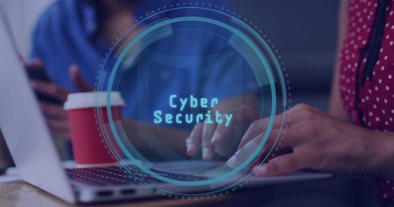 Woman typing laptop starting HUD showing cyber security man shifting phone pointing red cup working