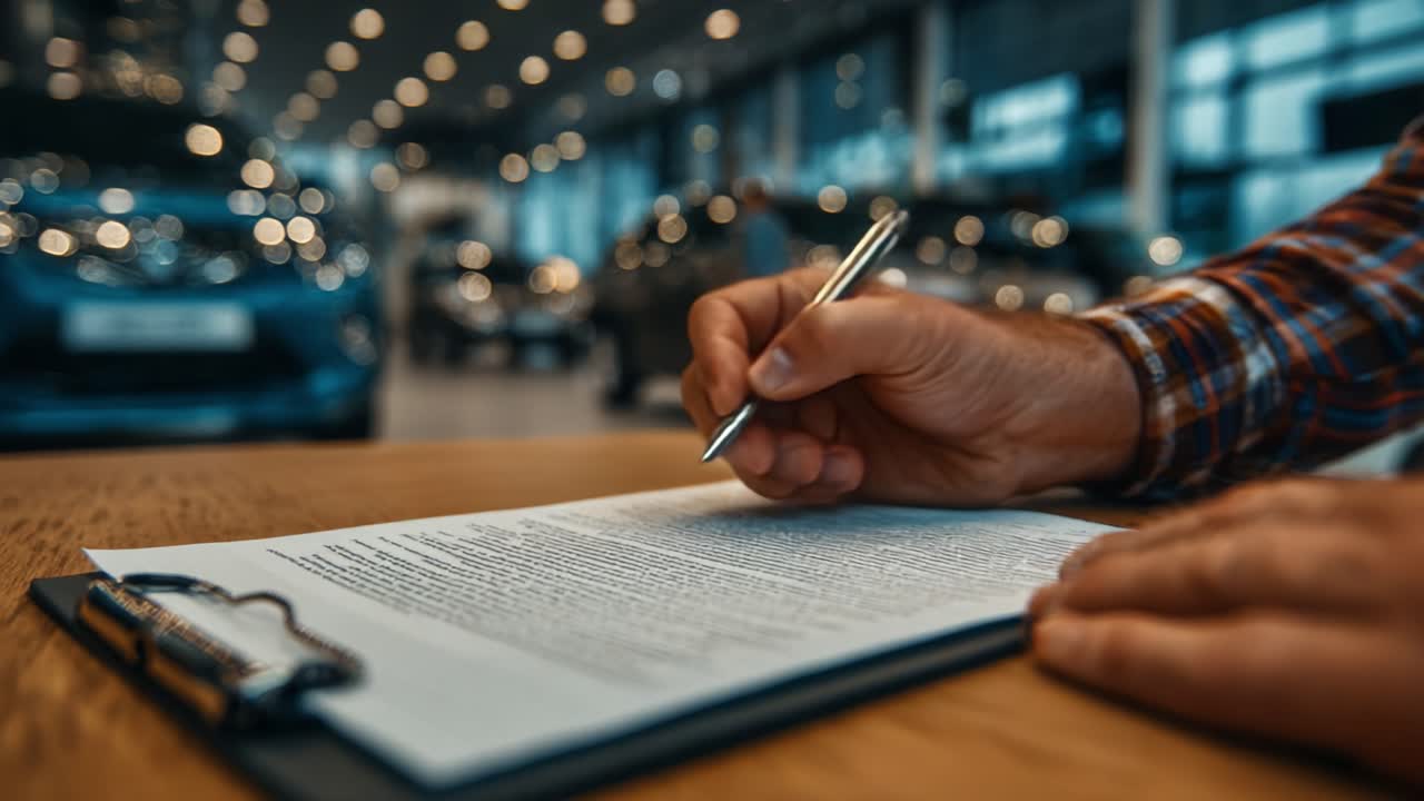 The Journey to Ownership: A Focus on the Signing Process of a Vehicle Purchase in a Modern Showroom Filled with Cars and Ambient Light