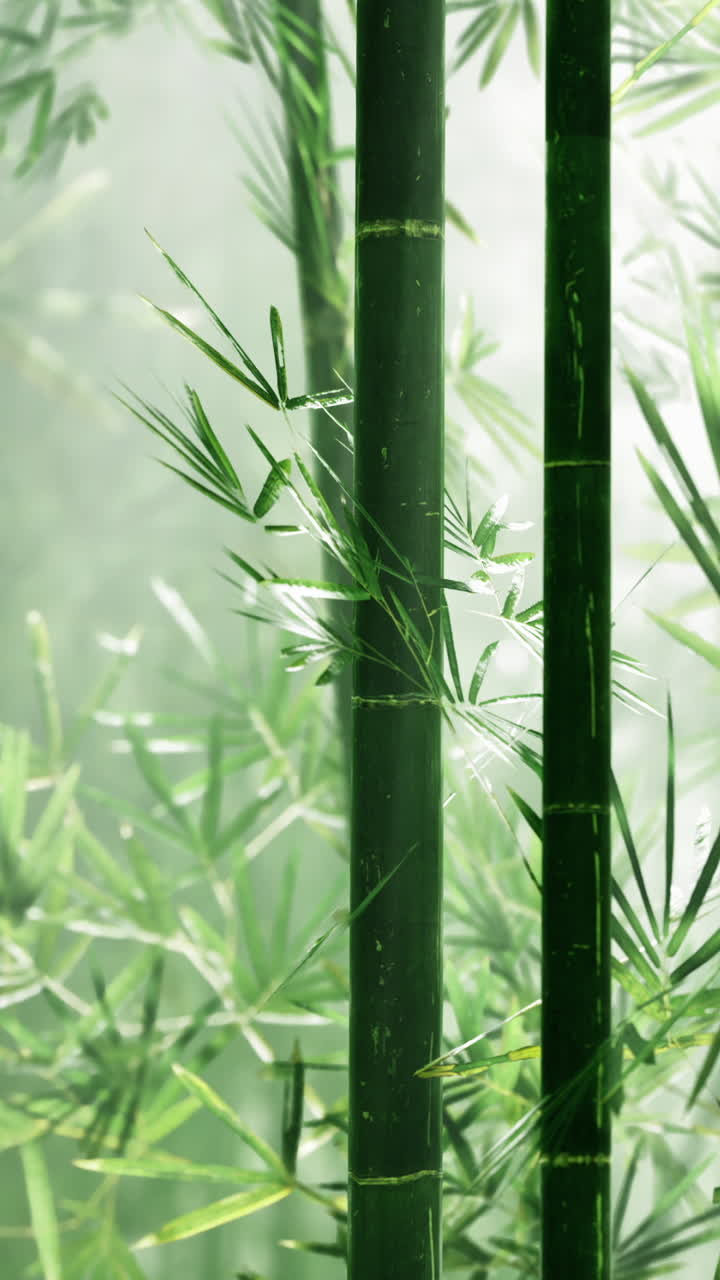 Fusti di bambù crescono in un ambiente nebbioso con foglie verdi intorno a essi