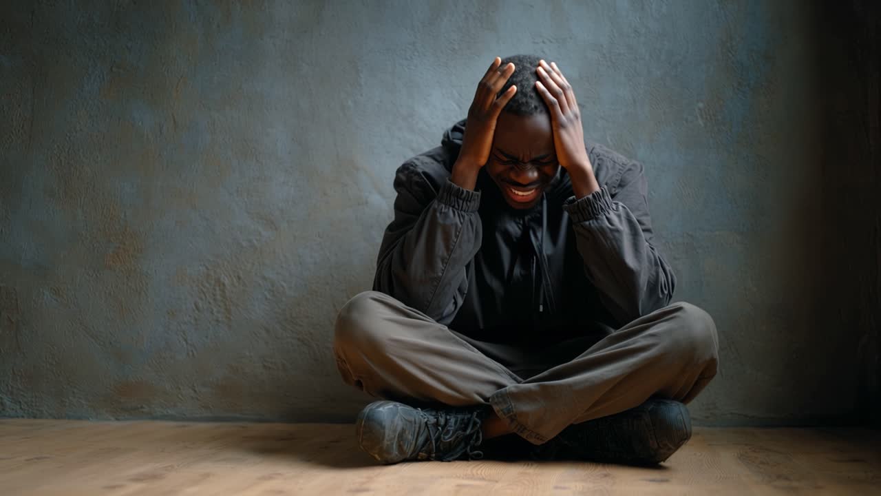 Man sits on floor, head in hands. He looks distressed, overwhelmed, emotionally broken. Dark room, textured wall, muted light. Depicting inner pain, despair, or mental struggle