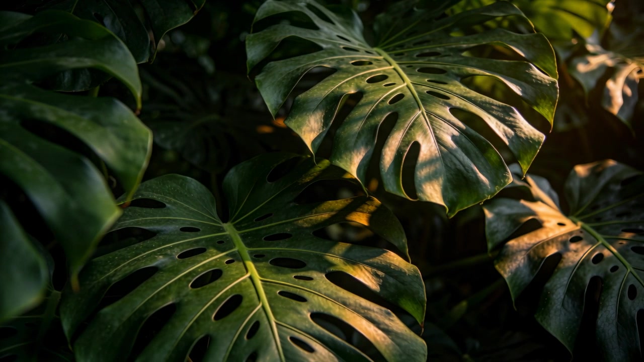 Luce mutevole e panoramica della telecamera che rivelano foglie di Monstera in giardino, mostrando le fenestrature per lo studio.