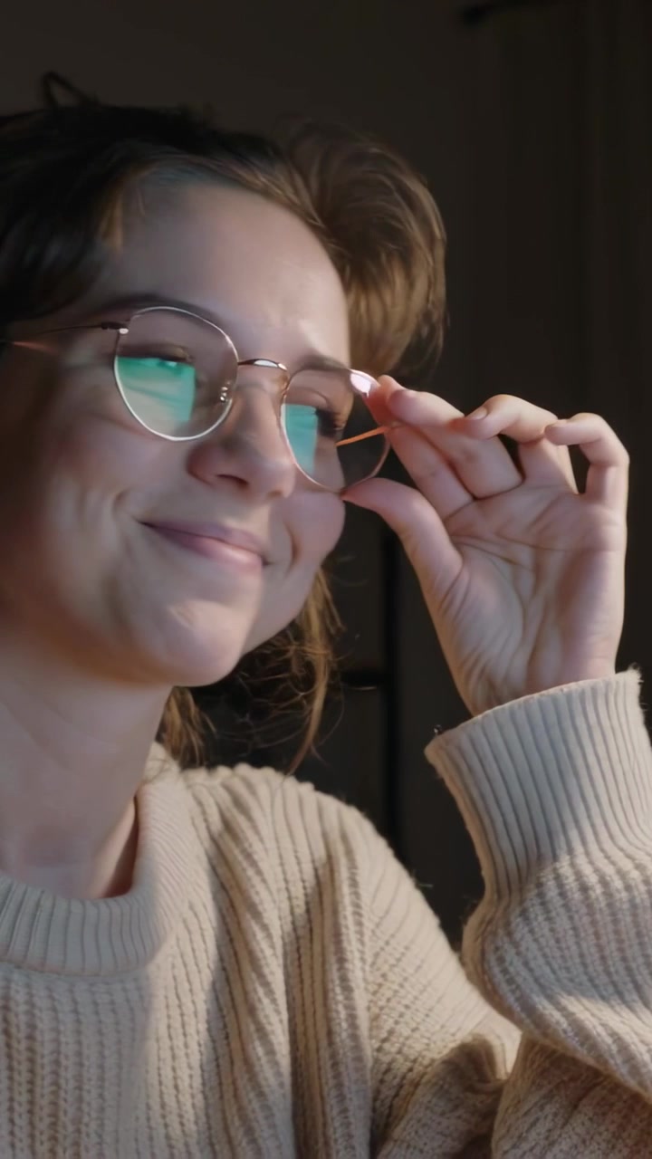 Video vertical: Mujer con suéter reaccionando y ajustándose las gafas en el escritorio, provocada por el brillo de la pantalla.