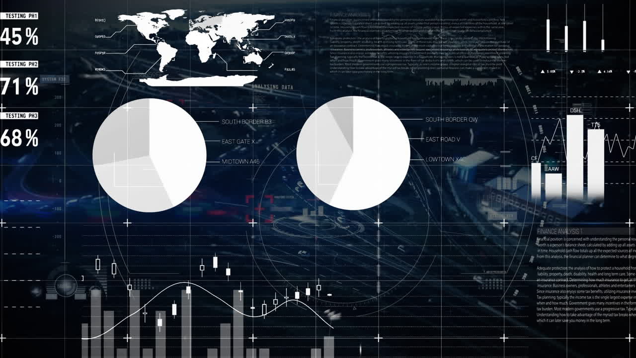 animación de estadísticas y procesamiento de datos sobre el paisaje urbano