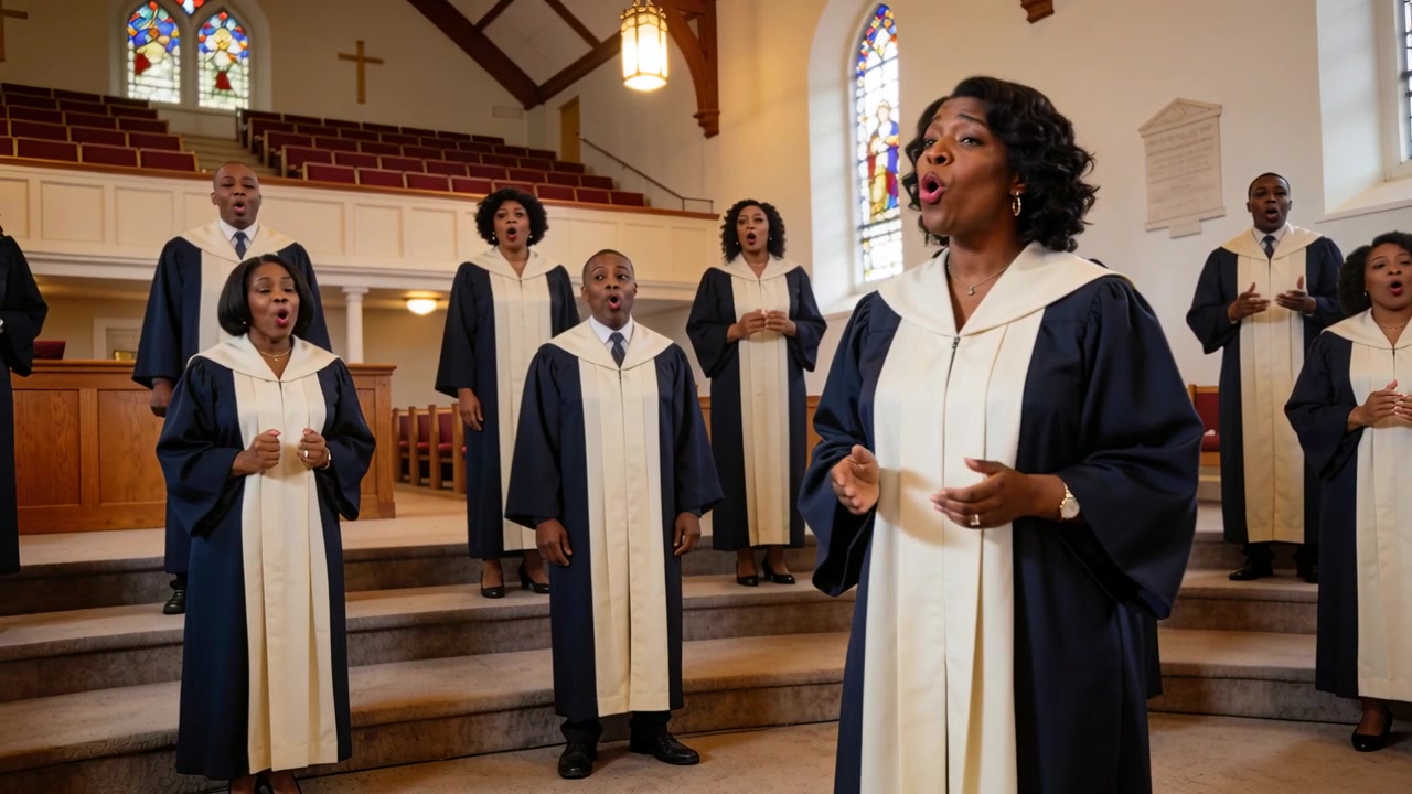 Solista cantando iniciando o culto em plataformas da igreja, coro se juntando em harmonia, vestes azuis-marinho, relógio de pulso