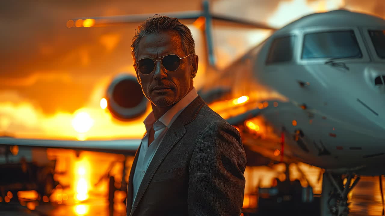 Man in shades by sunset jet. A man wearing sunglasses poses confidently by a private jet as the sun sets, creating a dramatic and vibrant sky