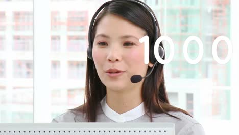 전화 헤드 ⁇ 을 사용하는 사업가 여성에 대해 숫자가 바뀌는 애니메이션