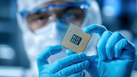 scientist wearing protective gear holding microchip in clean room